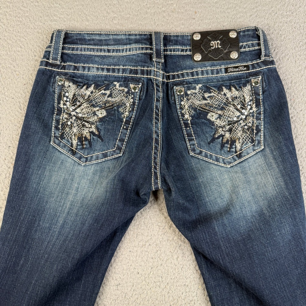 Miss Me Jeans Women 30 x 32 Blue Bootcut Embellished Flap Pocket Dark Wash